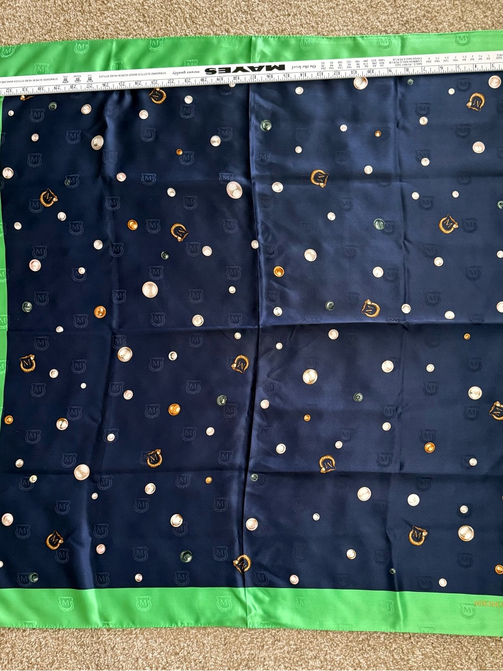 Mikimoto Navy and Bright Green Scarf with Gold Dot Accents
